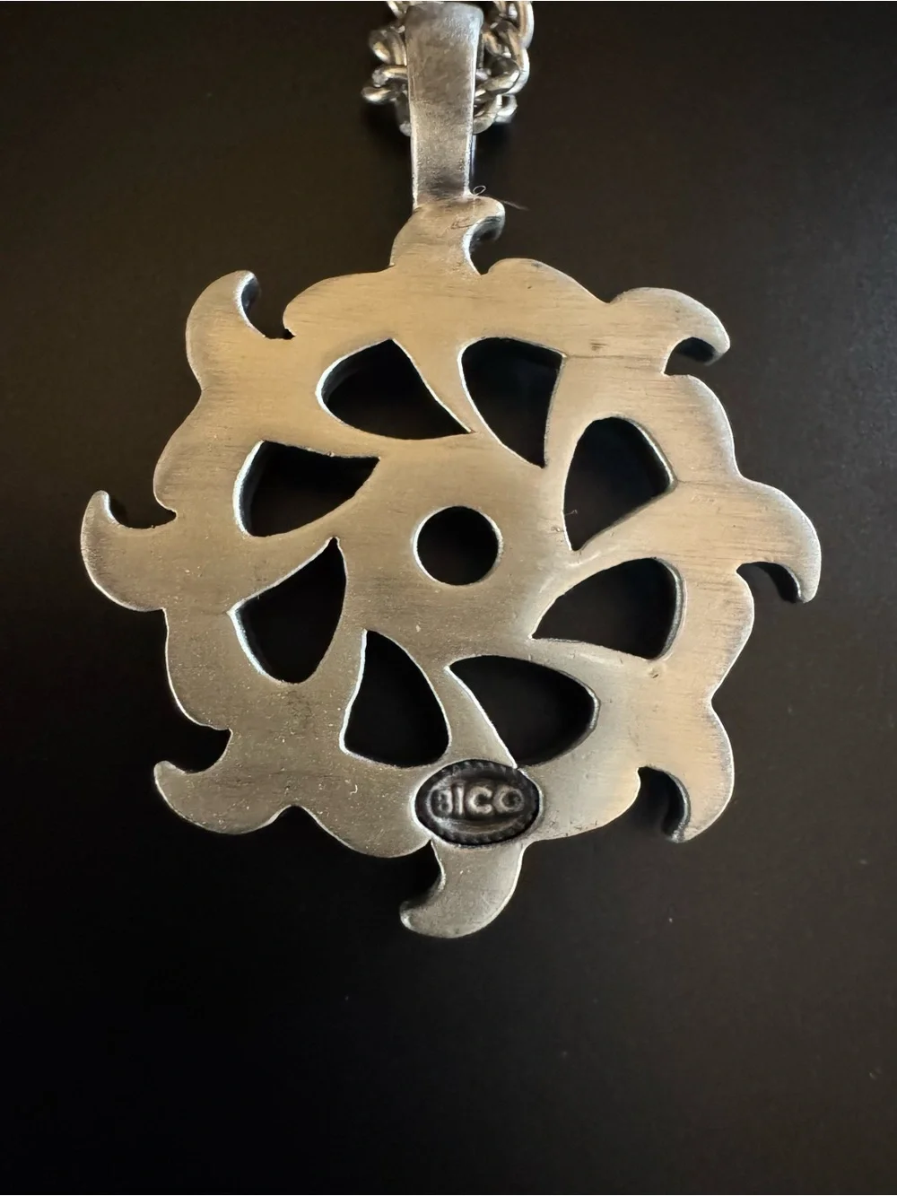 BICO Tribal Flame Sun Pendant Men’s Necklace - Silver Tone - 24”